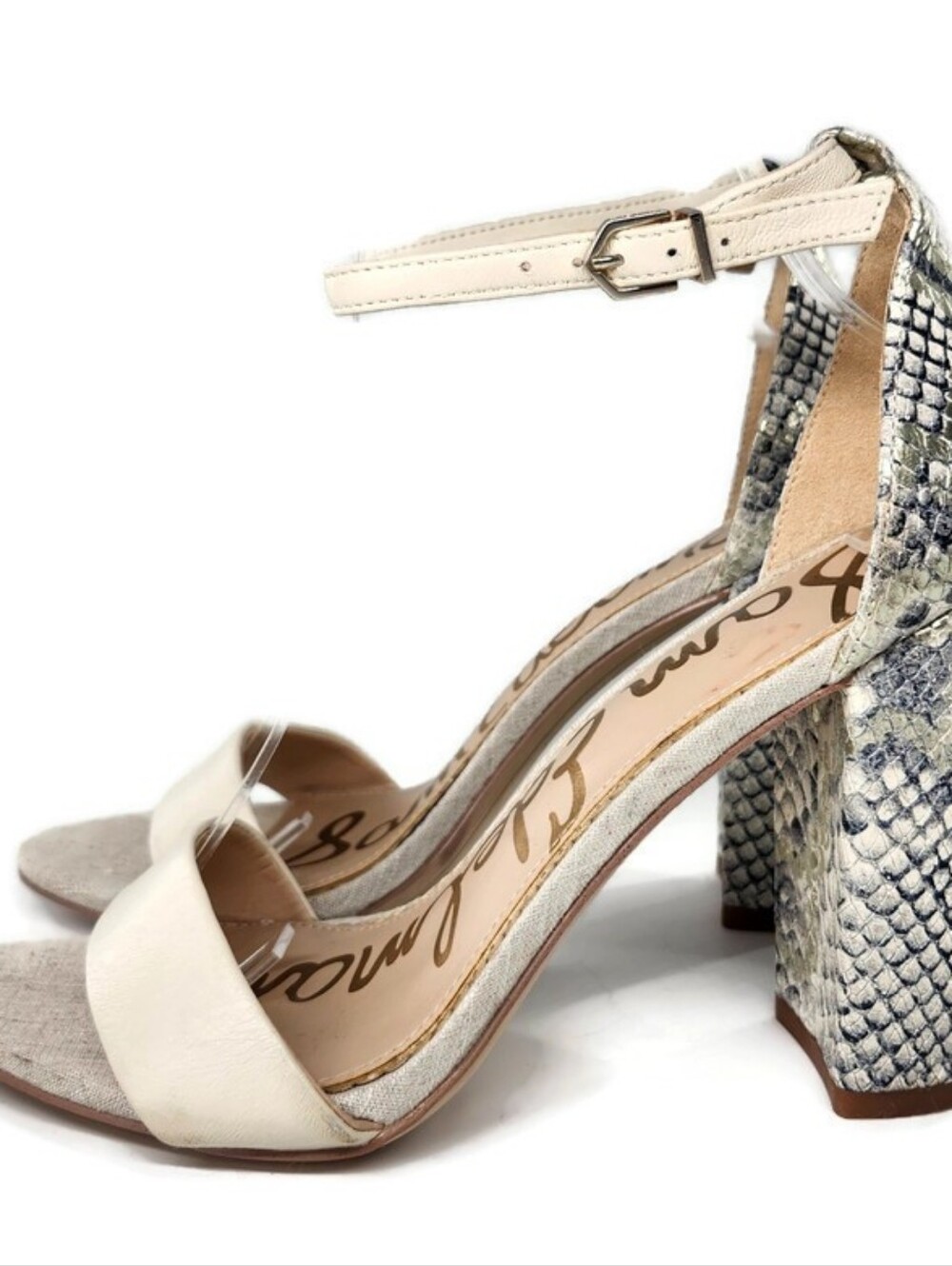 Sam Edelman Yaro Linen Black Grey Gold Shimmer Leather Snake High Heel Sandals - Picture 5 of 14